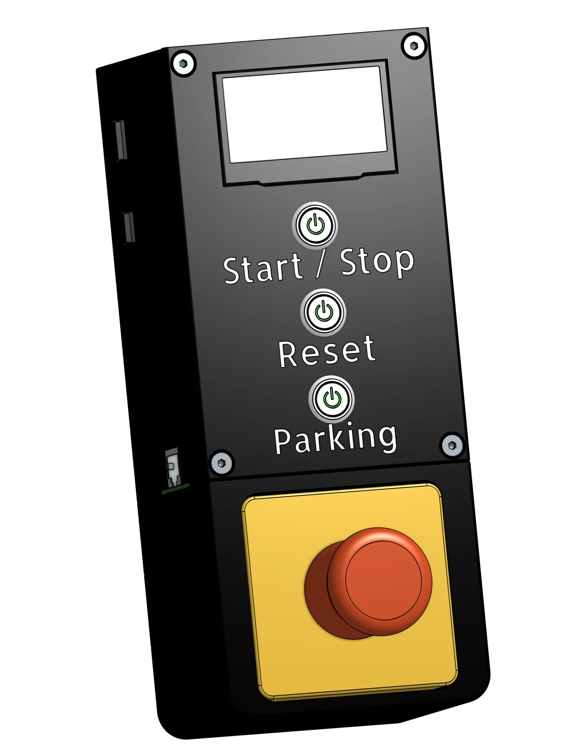 CAD-Ansicht der Motion-Core-Steuerbox mit Display und Bedientasten